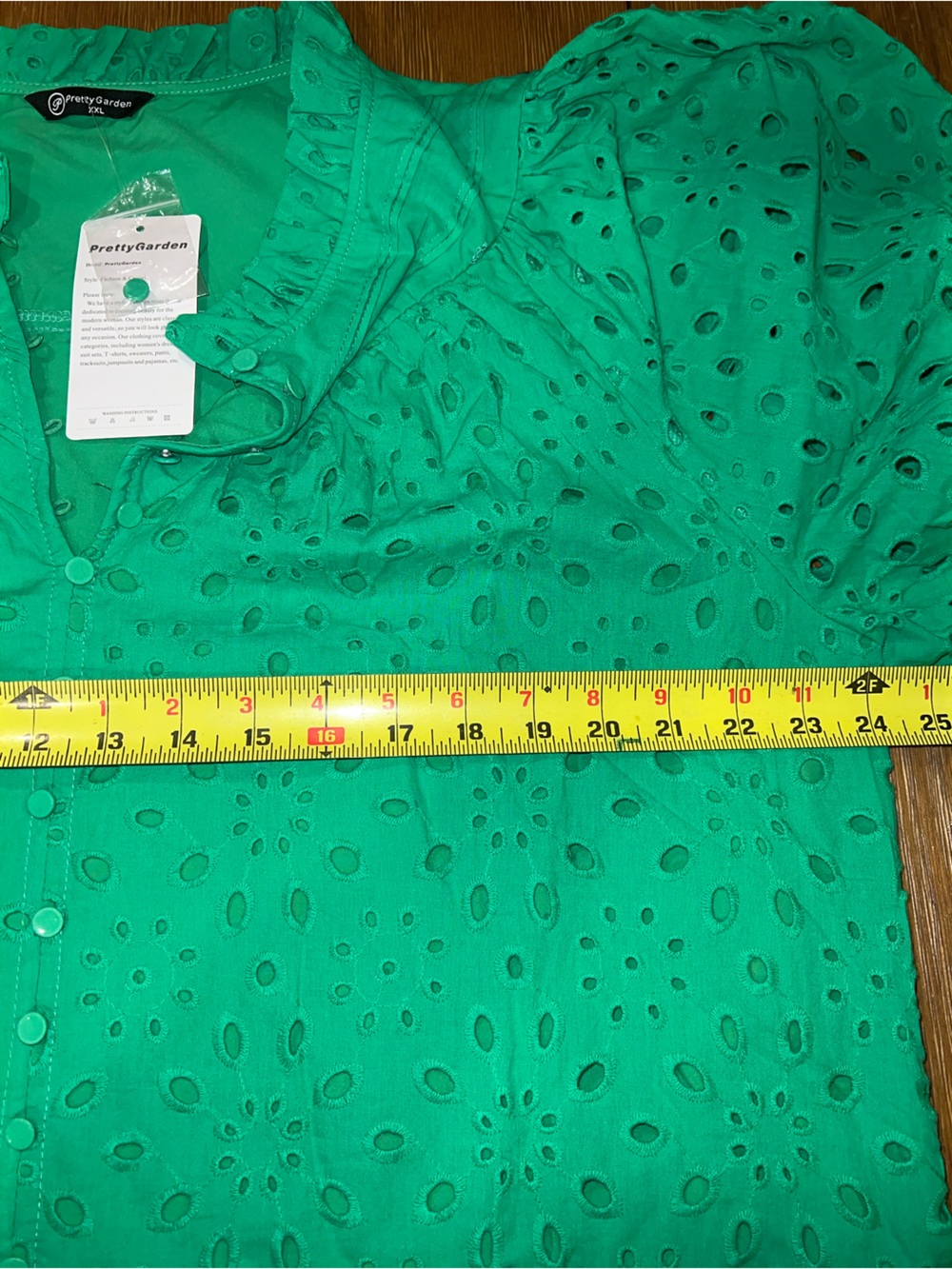 PRETTYGARDEN Green Eyelet Lace Puff Sleeve Blouse NWT XXL Boho Ruffle Neck - Picture 6 of 11